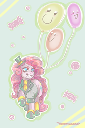 Size: 1000x1500 | Tagged: safe, artist:blueteardrop, pinkie pie, g4, balloon, clothes, female, hat, mouth hold, necktie, solo, suit, top hat