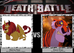 Size: 1008x720 | Tagged: safe, manny roar, big cat, manticore, tiger, g4, death battle, exploitable meme, meme, shere khan, the jungle book, vs.