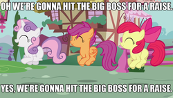 Size: 1280x720 | Tagged: safe, edit, edited screencap, screencap, apple bloom, scootaloo, sweetie belle, g4, hearts and hooves day (episode), cutie mark crusaders, dumbo, hearts and hooves day, meme, movie quote, pronking, skipping, song reference, the perfect stallion