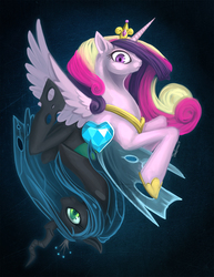Size: 750x971 | Tagged: safe, artist:danjiisthmus, princess cadance, queen chrysalis, alicorn, changeling, changeling queen, pony, g4, female, mare