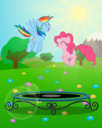 Size: 2000x2500 | Tagged: safe, artist:galekz, pinkie pie, rainbow dash, earth pony, pegasus, pony, g4, cute, duo, duo female, eyes closed, female, field, grin, happy, jumping, mare, open mouth, smiling, spread wings, sun, trampoline