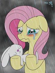 Size: 1800x2400 | Tagged: safe, artist:tomtornados, angel bunny, fluttershy, g4, cloud, cloudy, colored, crying, dark, dead, holding, rain