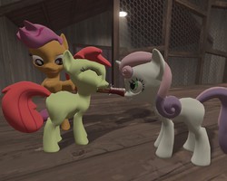 Size: 1280x1024 | Tagged: safe, artist:gergta, apple bloom, scootaloo, sweetie belle, earth pony, pony, unicorn, g4, 3d, chocolate, chubby, cutie mark crusaders, fat, feeding, female, filly, foal, gmod, ship:sweetiebloom, shipping, weight gain sequence