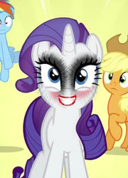Size: 437x607 | Tagged: safe, edit, edited screencap, screencap, applejack, rainbow dash, rarity, g4, rarity takes manehattan, season 4, blushing, eyeshadow, frown, garish makeup, grin, lipstick, makeover, makeup, nightmare fuel, now you fucked up, raised hoof, rerity, smiling, the joker, uncanny valley, uncanny valley makeup, wat, what has science done, wide eyes, wrong