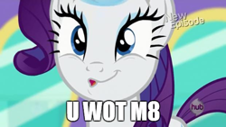 Size: 480x270 | Tagged: safe, edit, edited screencap, screencap, rarity, pony, g4, rarity takes manehattan, 8^y, caption, cute, faic, female, hub logo, image macro, raribetes, solo, text, u wot m8