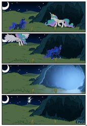 Size: 1115x1620 | Tagged: safe, artist:brainsister, princess celestia, princess luna, comic:time, g4, comic, death, feels, future, shooting star