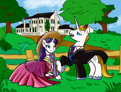 Size: 1280x966 | Tagged: safe, artist:comrade_spy, artist:king-kakapo, prince blueblood, rarity, pony, unicorn, g4, clothes, dress, gone with the wind, male, parody, stallion