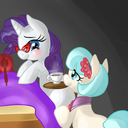 Size: 1024x1024 | Tagged: safe, artist:inumocchi, coco pommel, rarity, g4, rarity takes manehattan, coffee, cute, duo, glasses, messy mane, mouth hold, sewing, sewing machine, tired