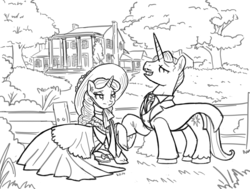 Size: 1280x966 | Tagged: safe, artist:king-kakapo, prince blueblood, rarity, pony, unicorn, g4, clothes, dress, gone with the wind, monochrome, parody