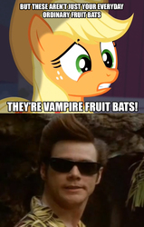 Size: 1017x1604 | Tagged: safe, screencap, applejack, bat, human, vampire, g4, ace ventura, irl, irl human, meme, photo, text