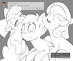 Size: 1280x1077 | Tagged: safe, artist:florecentmoo, apple bloom, scootaloo, sweetie belle, earth pony, pegasus, pony, unicorn, g4, ask, blushing, cutie mark crusaders, ear bite, female, filly, grayscale, lineart, monochrome, request, tumblr