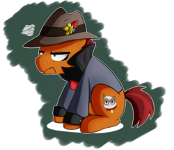 Size: 1000x862 | Tagged: safe, artist:nolycs, sourpuss, pony, g4, rarity takes manehattan, clothes, grumpy cat, hat, male, sitting, solo, stallion