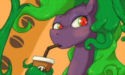 Size: 600x360 | Tagged: safe, artist:rigi, mane-iac, earth pony, pony, g4, blushing, cup, drinking, eyelashes, female, mare, sane-iac, solo, straw