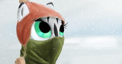 Size: 2700x1440 | Tagged: safe, artist:aaronmk, zebra, clothes, hat, scarf, snow, snowfall, solo, winter