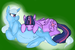 Size: 1957x1301 | Tagged: safe, artist:dolly, artist:twizzle, trixie, twilight sparkle, alicorn, pony, g4, bedroom eyes, belly, colored, cute, eyes closed, female, kissing, lesbian, looking back, lying, lying down, magical lesbian spawn, mare, offspring, on side, pregnant, prone, sensibly-proportioned pregnancy, ship:twixie, shipping, smiling, twilight sparkle (alicorn), underhoof