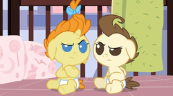 Size: 1054x592 | Tagged: safe, screencap, pound cake, pumpkin cake, a friend in deed, g4, angry, baby, colt, crib, crossed arms, diaper, diapered, diapered colt, diapered filly, diapered foals, duo, female, filly, looking at each other, male, one month old colt, one month old filly, one month old foals, white diapers