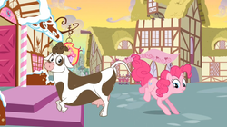 Size: 1050x590 | Tagged: safe, screencap, daisy jo, pinkie pie, cow, earth pony, pony, a friend in deed, g4, cloven hooves, female, mare, moo, udder
