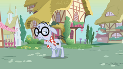 Size: 1050x590 | Tagged: safe, screencap, mr. waddle, earth pony, pony, a friend in deed, g4, blush sticker, blushing, bowtie, bubble pipe, elderly, glasses, liver spots, male, solo, stallion