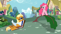 Size: 1054x592 | Tagged: safe, screencap, apple cobbler, pinkie pie, pony, a friend in deed, g4, apple family member, female, glasses, mare, sunbathing, tanning, tanning mirror, tree