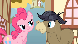 Size: 1054x592 | Tagged: safe, screencap, cranky doodle donkey, pinkie pie, donkey, earth pony, pony, a friend in deed, g4, lidded eyes, out of context, ponyville