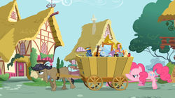 Size: 1054x592 | Tagged: safe, screencap, cranky doodle donkey, pinkie pie, donkey, earth pony, pony, a friend in deed, g4, ponyville, wagon