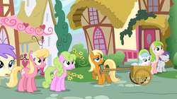 Size: 1054x592 | Tagged: safe, screencap, alula, apple cobbler, cotton cloudy, daisy, flower wishes, lily, lily valley, pluto, red gala, tornado bolt, pegasus, pony, a friend in deed, g4, apple family member, awwlula, awwpple cobbler, background pony, cart, cottonbetes, cute, daisybetes, erroriabetes, female, filly, gasp, gasping, lilybetes, mare, ponyville, redbetes, tornadorable, wagon