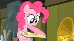 Size: 1054x592 | Tagged: safe, screencap, pinkie pie, a friend in deed, g4, book, dat face, female, solo