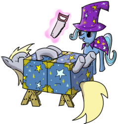 Size: 665x700 | Tagged: safe, artist:t-sparx, derpy hooves, trixie, pegasus, pony, g4, box, box sawing trick, crosscut saw, female, magic trick, mare, saw