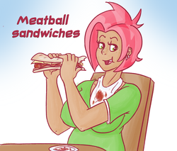 Size: 1000x850 | Tagged: safe, artist:hamflo, babs seed, human, ask human babs seed, g4, breasts, busty babs seed, chubby, dark skin, female, humanized, moderate dark skin, sandwich, solo, tumblr