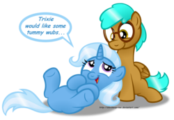 Size: 1024x709 | Tagged: safe, artist:aleximusprime, trixie, oc, oc:cloud tumble, g4, belly, bellyrubs, canon x oc, cute, fanart, simple background, transparent background, trixietumble