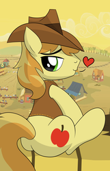 Size: 3254x5055 | Tagged: safe, artist:drawponies, braeburn, earth pony, pony, g4, appleloosa, back, floating heart, hay bale, heart, looking back, male, profile, sitting, solo, stallion