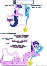 Size: 1280x1772 | Tagged: safe, artist:navitaserussirus, trixie, twilight sparkle, genie, lamia, mermaid, merpony, original species, asktwixiegenies, g4, ask, female, hissing, lamiafied, lesbian, mermaidized, ship:twixie, shipping, species swap, tumblr, twilamia, twilight snakle