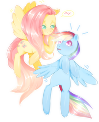 Size: 978x1212 | Tagged: safe, artist:poncaruu, fluttershy, rainbow dash, pegasus, pony, g4, female, lesbian, mare, pixiv, ship:flutterdash, shipping, simple background, spread wings, transparent background, wings