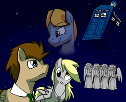 Size: 620x500 | Tagged: safe, artist:derpiliciouspony, derpy hooves, doctor whooves, perfect pace, time turner, pegasus, pony, g4, doctor who, female, mare, tardis, the master, weeping angel