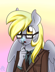 Size: 2300x3000 | Tagged: safe, artist:derpiliciouspony, derpy hooves, doctor whooves, time turner, earth pony, anthro, g4, ambiguous facial structure, clothes, female, glasses, solo, sonic screwdriver