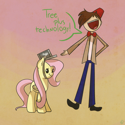 Size: 2300x2300 | Tagged: safe, artist:derpiliciouspony, fluttershy, g4, blazer, bowtie, clothes, crossover, eleventh doctor, fez, fluttertree, hat, pants, shirt