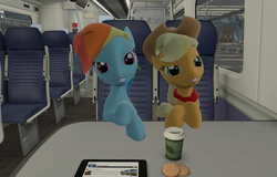 Size: 1600x1024 | Tagged: safe, artist:orang111, applejack, rainbow dash, g4, 3d, coffee, cookie, cup, game, gmod, railroad, smug, smugdash, tablet, train, train station