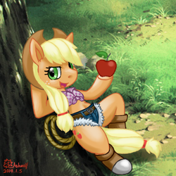 Size: 500x500 | Tagged: safe, artist:ashwolf, applejack, earth pony, pony, semi-anthro, g4, apple, belly button, bipedal, clothes, daisy dukes, female, obligatory apple, pixiv, rope, sitting, solo
