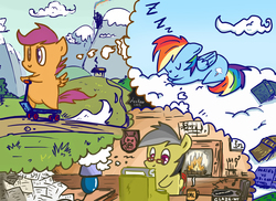 Size: 1752x1275 | Tagged: safe, artist:loukaw, daring do, rainbow dash, scootaloo, pegasus, pony, g4, book, canterlot, chibi, cloud, dash and scootaloo's cycle of obsession, daydream, dream, female, filly, fireplace, mare, mug, on a cloud, onomatopoeia, record player, scootaloo's scooter, scooter, sleeping, sound effects, typewriter, zzz