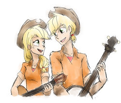 Size: 1280x1088 | Tagged: safe, artist:annie-aya, applejack, human, g4, applejack (male), duo, female, guitar, humanized, light skin, looking at each other, male, rule 63, self ponidox, ship:applejacks, shipping, straight