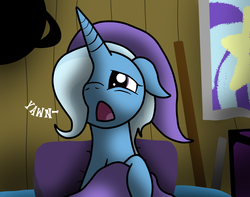 Size: 1280x1007 | Tagged: safe, artist:dazed-and-wandering, trixie, pony, unicorn, g4, blanket, female, floppy ears, hat, mare, morning ponies, nightcap, open mouth, solo, yawn