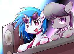 Size: 809x596 | Tagged: safe, artist:raibo, dj pon-3, octavia melody, vinyl scratch, earth pony, pony, unicorn, g4, bowtie, female, frown, leaning, lesbian, open mouth, pixiv, ship:scratchtavia, shipping, smiling