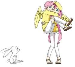 Size: 1792x1600 | Tagged: safe, artist:annie-aya, angel bunny, fluttershy, human, g4, angry, bridal carry, butterscotch, carrying, clothes, crossed arms, feet, frown, glare, hug, humanized, light skin, rule 63, sandals, scared, self ponidox, simple background, spread wings, sweater, sweatershy, winged humanization, wink