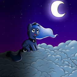 Size: 1000x1000 | Tagged: safe, artist:dunnowhattowrite, princess luna, g4, chibi, cloud, cloudy, crescent moon, female, night, solo