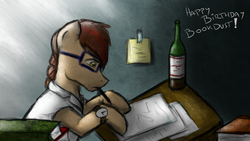 Size: 1366x768 | Tagged: safe, artist:dunnowhattowrite, oc, oc only, birthday gift, bookdust, solo