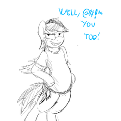 Size: 1280x1280 | Tagged: safe, artist:gordonfreeguy, artist:hladilnik, rainbow dash, pegasus, semi-anthro, g4, abdominal bulge, bandydash, belly, censored, censored vulgarity, female, grawlixes, implied pregnancy, monochrome, open mouth, open smile, pregnant, sketch, smiling, solo