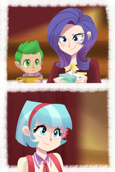 Size: 3000x4500 | Tagged: safe, artist:kianamai, coco pommel, rarity, spike, human, g4, rarity takes manehattan, clothes, cute, female, high res, humanized, light skin, male, scene interpretation, smiling