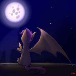 Size: 1000x1000 | Tagged: safe, artist:norang94, scootaloo, pony, g4, bat ponified, bat wings, facing away, female, filly, foal, full moon, mid-transformation, moon, night, outdoors, scootabat, sitting, solo, transformation, wings