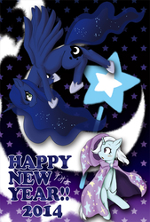 Size: 541x800 | Tagged: safe, artist:nana, princess luna, trixie, g4, new year, pixiv