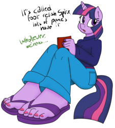Size: 2248x2491 | Tagged: safe, artist:sweethd, edit, spike, twilight sparkle, anthro, plantigrade anthro, g4, book, clothes, colored, feet, female, flip-flops, foot fetish, foot focus, jeans, nail polish, pants, sandals, solo, toenails, toes